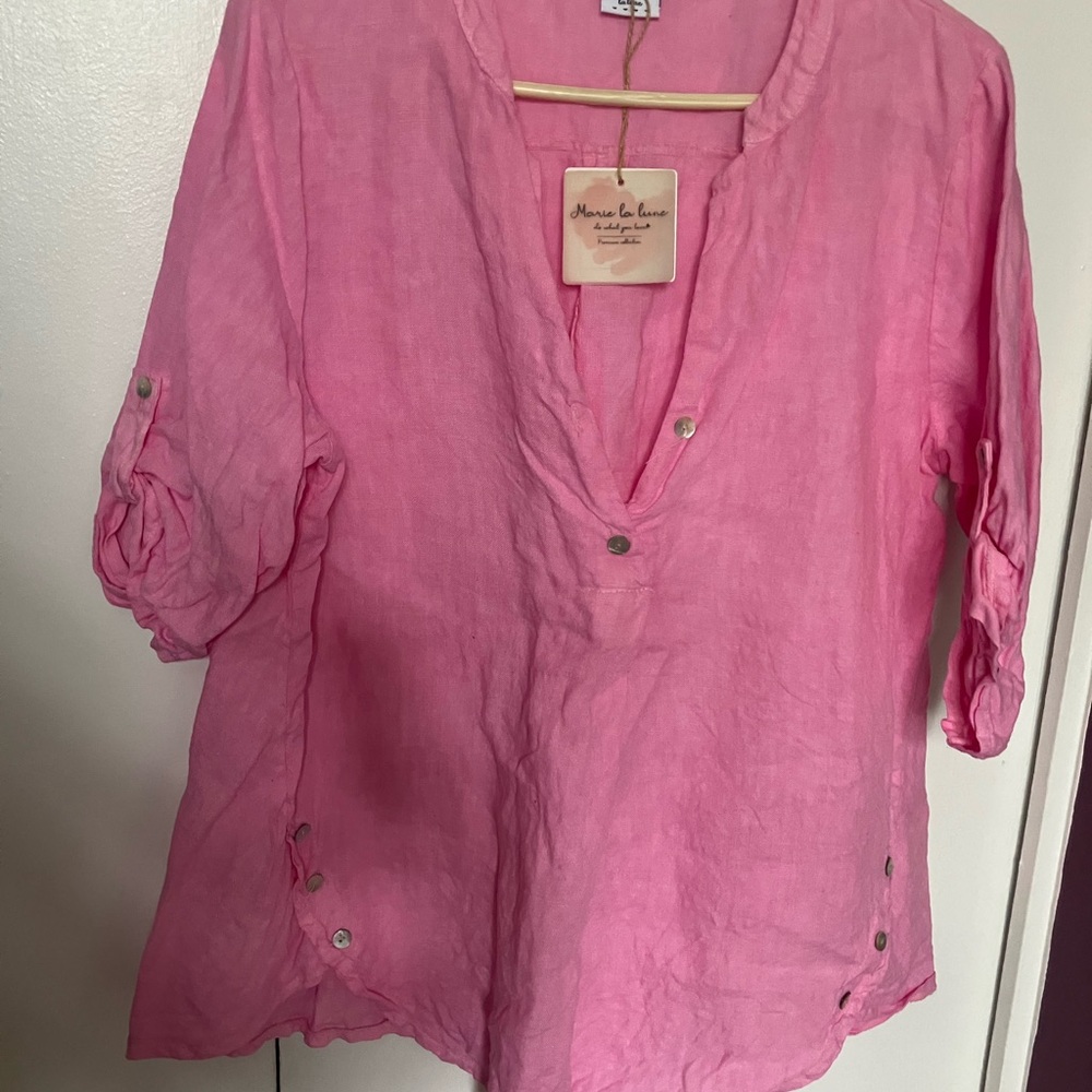 Pink Cuffed Sleeve Blouse with Mandarin Collar